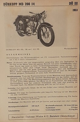Dürkopp MD 200 1953  Datenblatt Typenblatt original   *