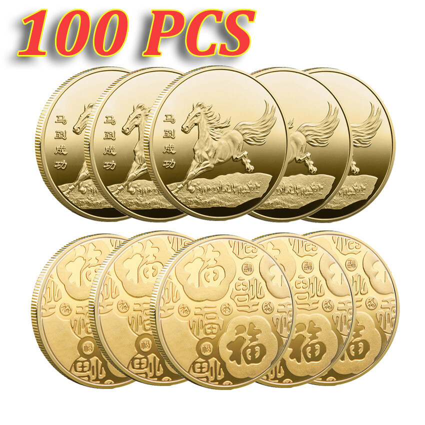 100PCS Gold Plated Medal Horse For Feng Shui Commemorative Challenge Coin Gift