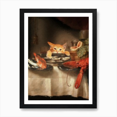 Katze Abendessen Kunstdruck gerahmt Wandbild Poster Leinwanddruck Bild
