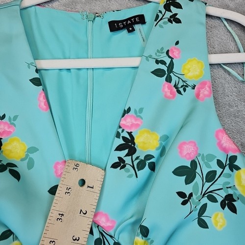 1. STATE Floral V-Neck Dress Women's Size 6 Ocean Teal Satin Sleeveless Midi - Picture 6 of 10