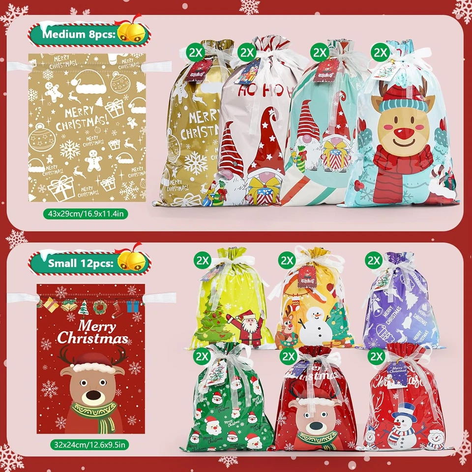 Bolsas de regalo con cordón de Navidad, 32 piezas bolsas de envoltura de Navidad grandes medianas pequeñas Foto 4 de 4