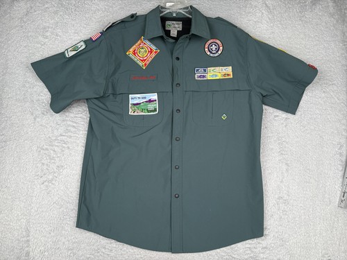 Boy Scouts Of America Shirt Mens Large Green Short Sleeve Venturing Patches Vent