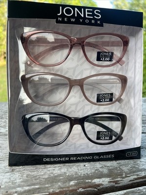 JONES ￼NEW YORK DESIGNER GLASSES 3 PAIR, BLACK , TAN &PINK +2.00 NEW