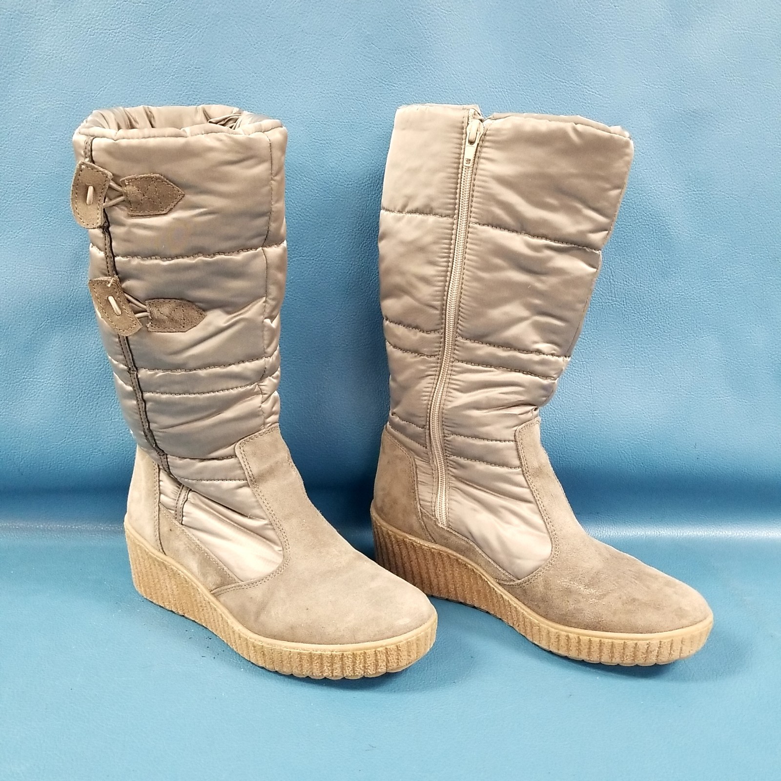 Wortmann Brown Puffer / Suede Wedge Zip Side Tall Winter Boots Women's EU Sz 38