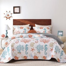 Coastal Quilt Set Size, 3 Pcs Summer Orange Beach Theme Queen Orange Ocean
