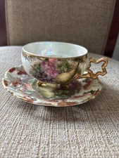 Royal Sealy Vintage Iridescent Tea Cup & Saucer 3 Footed Gold Trim