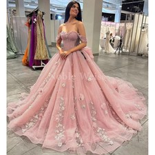 3D Floral Quinceanera Dresses Sweetheart Off Shoulder Tulle Appliques Ball Gown