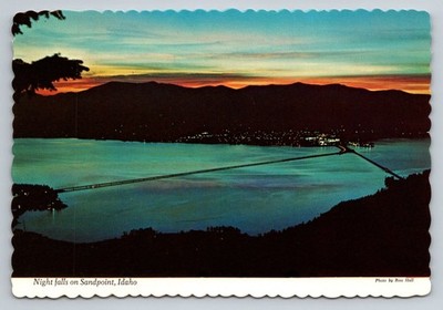 Night Falls on Sandpoint Idaho Photochrome Postcard by Ross Hall
