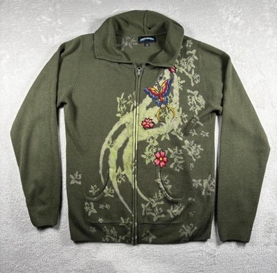 Ed Hardy Style Till The End Women s XL Full Zip Sweater Mock Neck Y2K Floral #1A