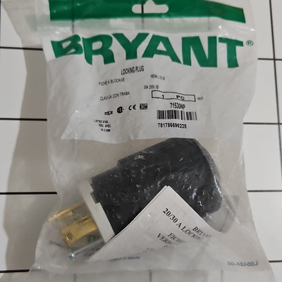 Bryant 71530NP NEMA L15-30 Locking Plug 30A 250V Black/White