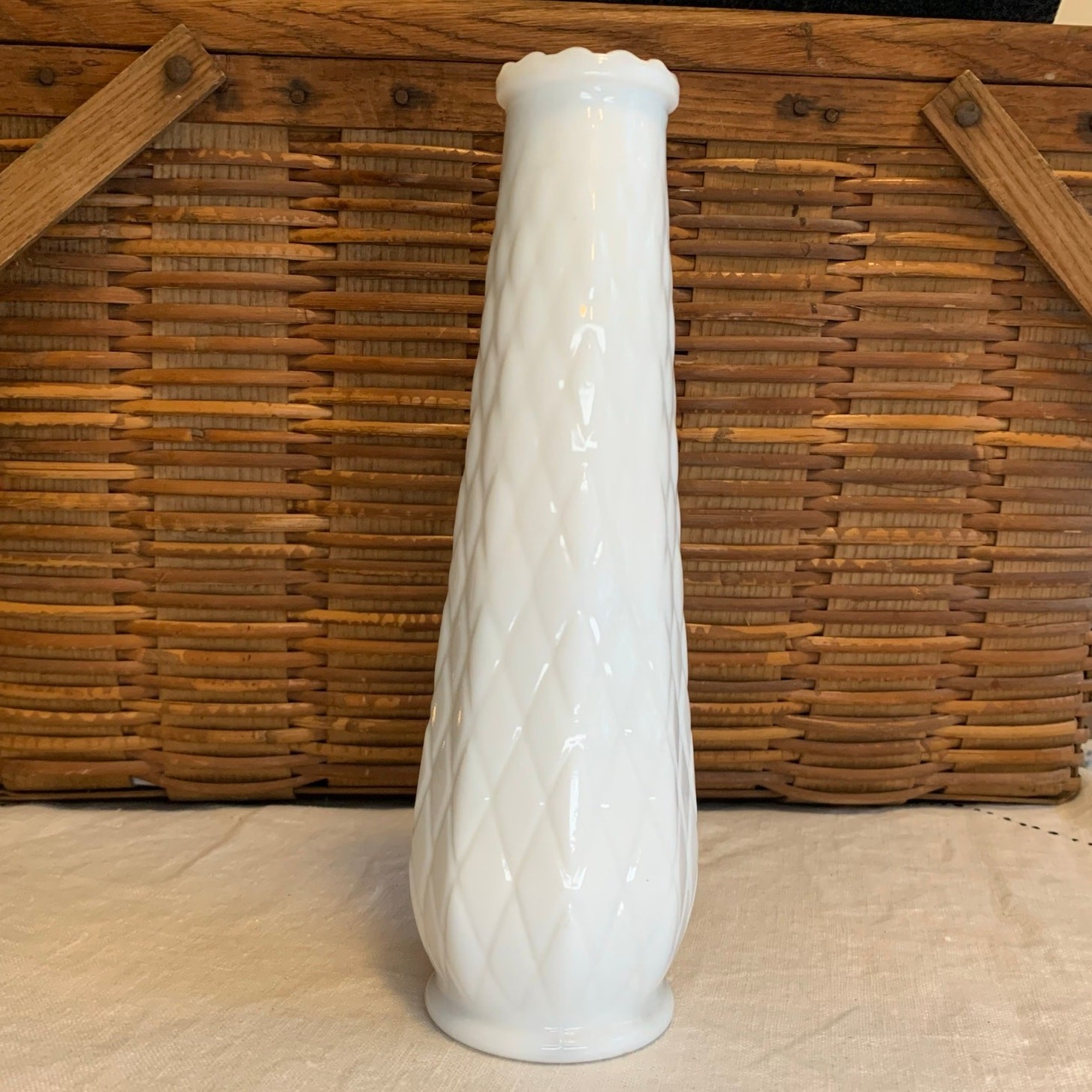 E. O. Brody Co. Vintage Milk Glass Bud Vase Quilted Diamond Pattern Made in USA