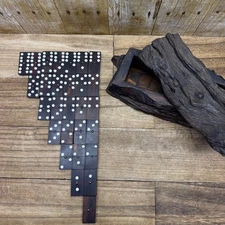VTG Wood Hand Made Ironwood Dominos Set of 28 Tiles Rustic Log Case Complete