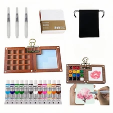Mini Watercolor Paint Set Pocket with 3 Pack Brushes 12 Colors Sketchbook Travel