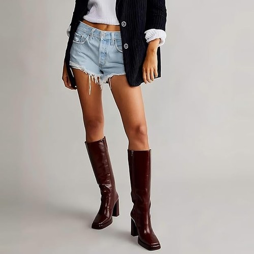 Faux Leather Knee High Gogo Boots, Platform Chunky Block Heel, Dark Red/Brown, 8 - Picture 3 of 6