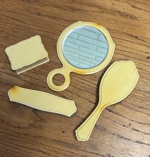 Vintage 1920s French Ivory Celluloid 4pc Vanity Set Hand Mirror, Brushes, Powd