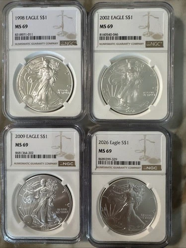 Lot Of 4 American Silver Eagles 1998,2002,2009 & 2026 MS69