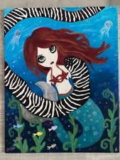 Zebra Moray Eel Mermaid Deviant Pop Surrealism Fantasy ORIGINAL PAINTING OOAK