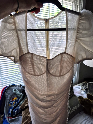 Missguided White Tan Ruched Mini Dress with Mesh Puff Sleeves Size 6 - Lined - Picture 21 of 23