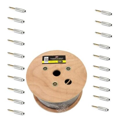 SuperFlex GOLD 500' Bulk Spool Instrument Guitar Cable w/ (20)  1/4'' Connectors