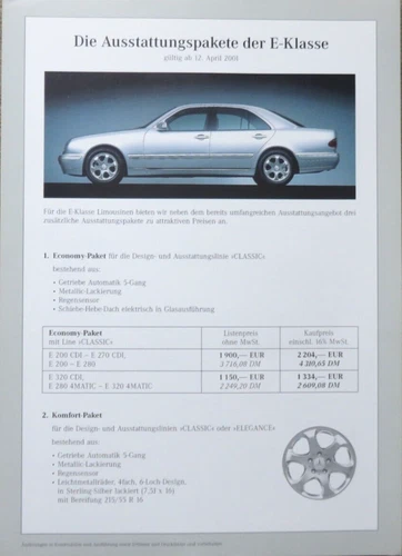 Mercedes E-Klasse W210 Ausstattungspakete Preisliste price list vom 12.04.2001