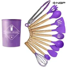 12-Pcs Kitchen Silicone Utensils Set with Heat Resist Wooden Handle purple