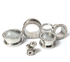 PAIR Clear CZ Gem Rimmed 316L Surgical Steel Screw Fit Tunnels Plugs Gauges