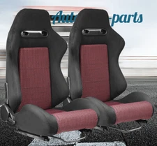 1Pair Universal Black-Red  Vinyl Adjustable Reclinable Racing Seats w/ Sliders