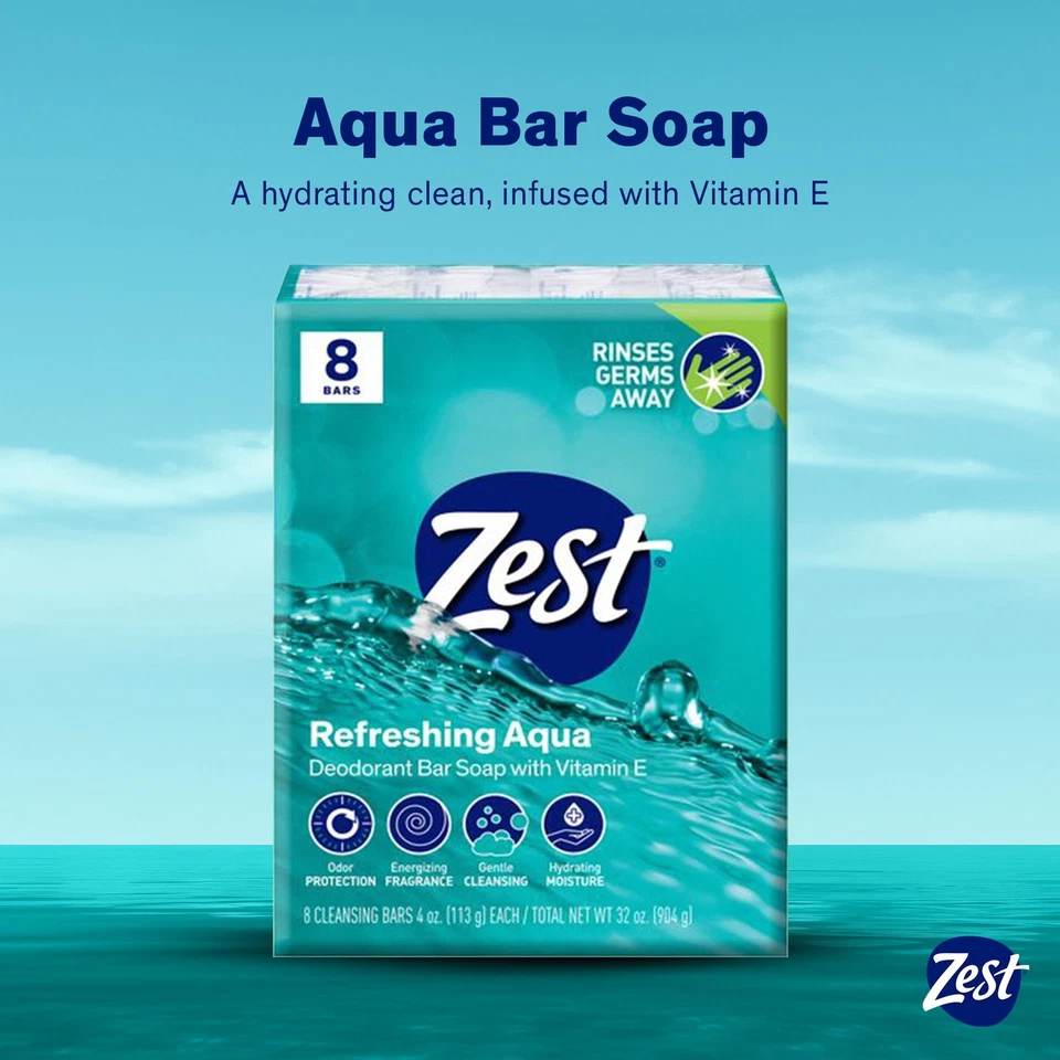 Zest Deodorant Bar Soap, Hydrating Moisture for All Skin Types, Aqua, 4 oz, 8 Ba - Image 3 of 4