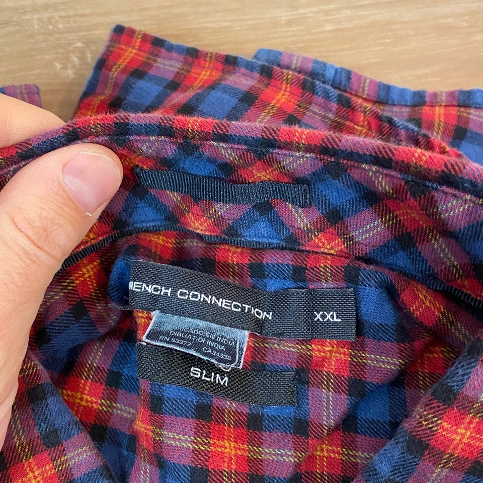 Camisa French Connection Para Hombre XXL Roja Azul A Cuadros Calce Ajustado Manga Larga Con Botones Foto 4 de 4