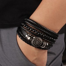 4Pcs/ Set Braided Wrap Leather Bracelets for Men Vintage Life Tree Rudder Charm