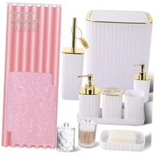 Bathroom Accessories Set- Bath Set+Shower Curtain+Bath Rugs White&Golden&Pink