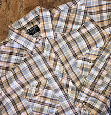 Vintage Wrangler Western Shirt Men's 17 x 35 Tan Plaid Button Snaps Long Tails
