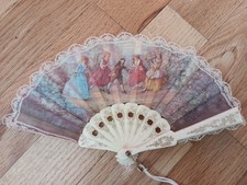 Vintage Spanish Victorian Scene Fabric Lace Trim Small Hand Fan