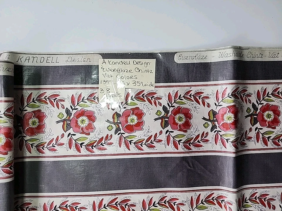 Vtg A Kandell Everglaze Chintz Traditional Floral Stripe Cotton Fabric 35"x3.8yd - Image 3 of 4