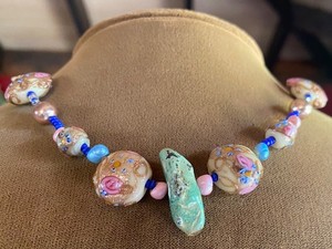 VTG Antique Turquoise Stone & Venetian Murano Wedding Cake Glass Bead Necklace