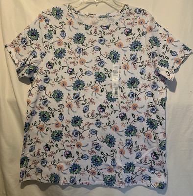Croft & Barrow XL White Blue Coral Vine Craft Top, crew neck, short sleeves NWT