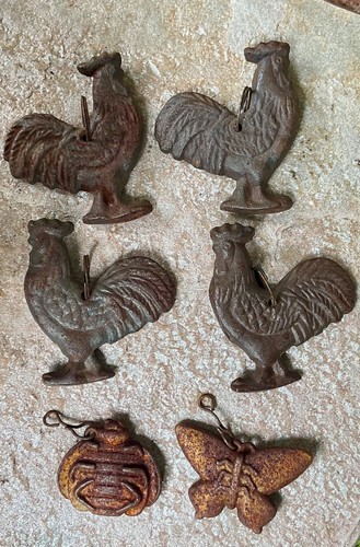 Set of 4 Metal Chickens- 1 Ladybug - 1 Butterfly - Retired Tablecloth Weights