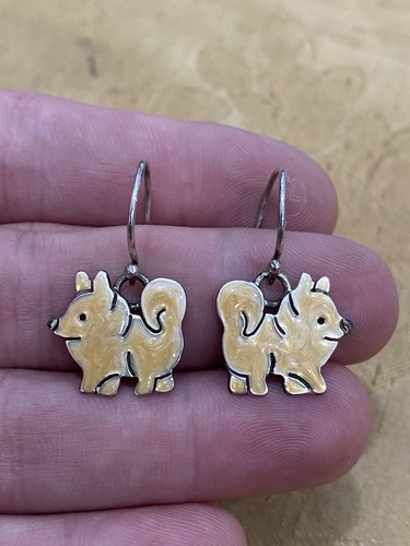 AJH Anne & Jane Harvey Sterling Silver Signed Enamel Dog Dangle Hook Earrings