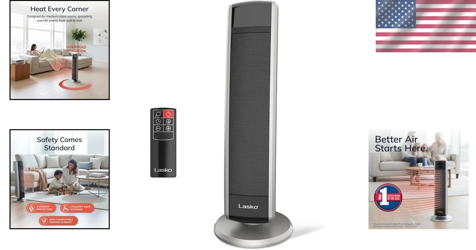 Black Oscillating Tower Heater, 1500W, Remote Control, Timer - Image 2 of 4