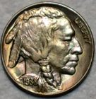 Gem Uncirculated 1938-D Buffalo Nickel, Glossy, Iridescent Toned specimen.