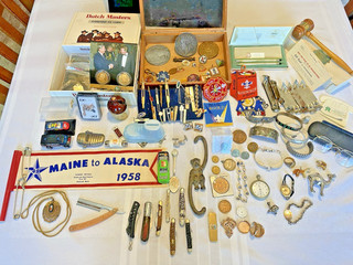 UNIQUE ESTATE ITEMS JUNK DRAWER LOT 10KTGOLD TOP AWARD GF STERLING COINS KNIFES