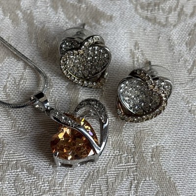 Park Lane Ti Amo Pendant Silver Tone Champagne Crystal Heart & Bonus Earrings