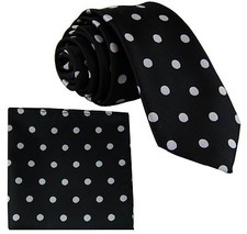 New Men's Poly Woven 2.5" Skinny Slim Necktie Hankie Polka Dots Black Silver