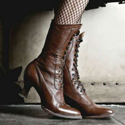 Victorian Gothic Womens Mid-Calf Boots Steampunk Kitten Heel Lace Up Shoes 39
