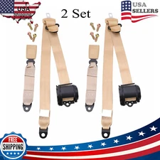 2 Sets Beige Car Adjustable Retractable 3 Point Safety Seat Belt Straps Assembly