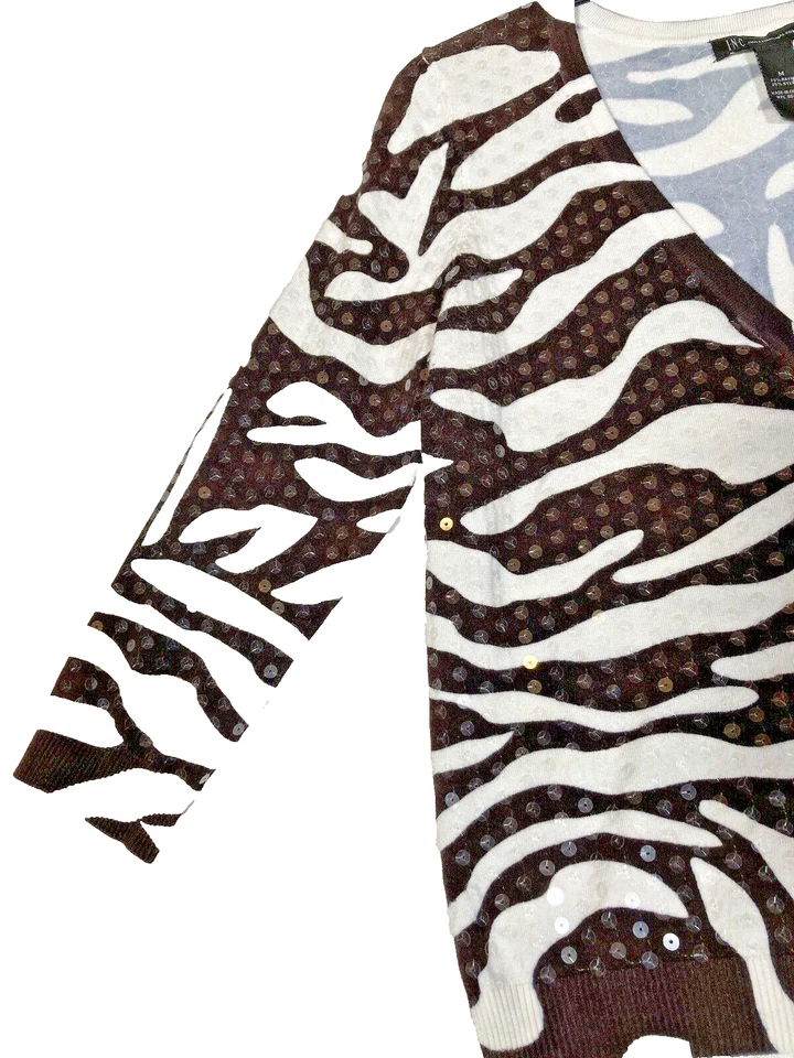 Cárdigan INC International Concepts Mujer Mediano Marrón Lentejuelas Trabajo Animal Cebra Foto 2 de 4