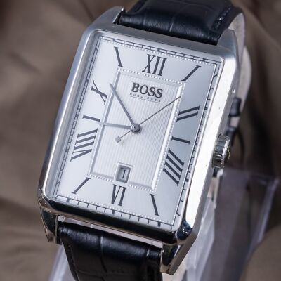 Vintage Hugo Boss Rectangular Silver Dial Quartz Leather Strap Men