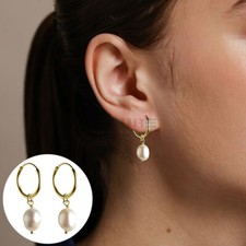 Exquisite Freshwater Pearl Sterling Silver Women Gold Huggie Hoop Earrings Gift