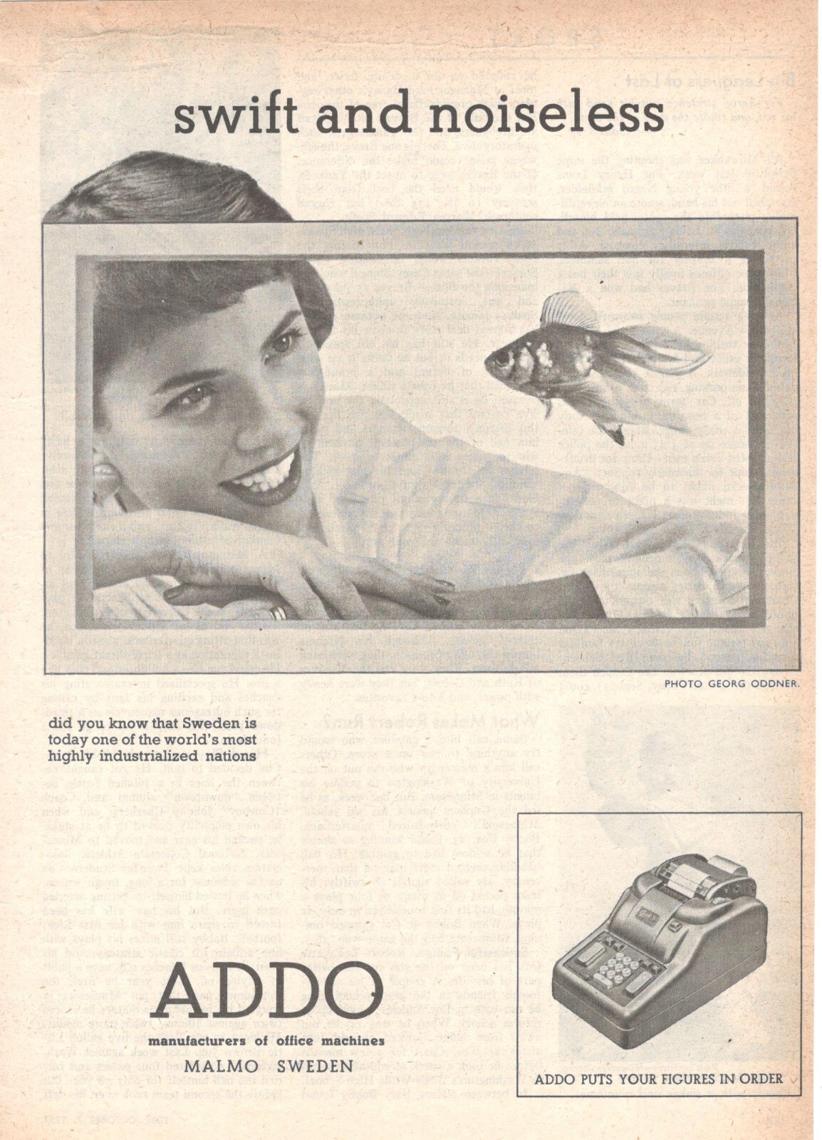 Vintage 1957 Swedish ADDO Office Calculator Ad Featuring Fish Motif-image