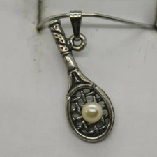Sterling Silver Tennis Racket with Pearl Tennis Ball Charm